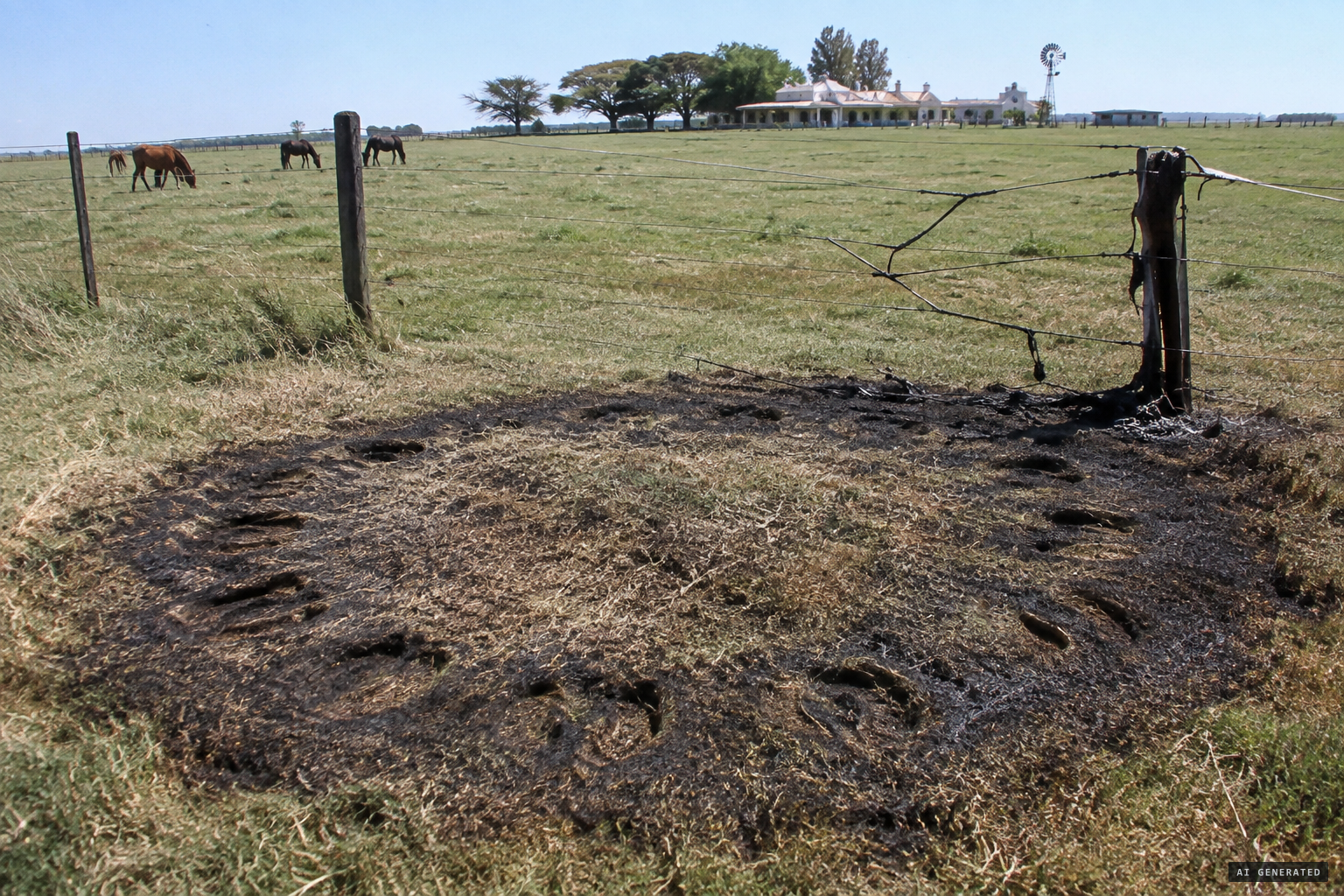 Horseshoe-shaped prints in a ring of burned grass, beside melted fence wire