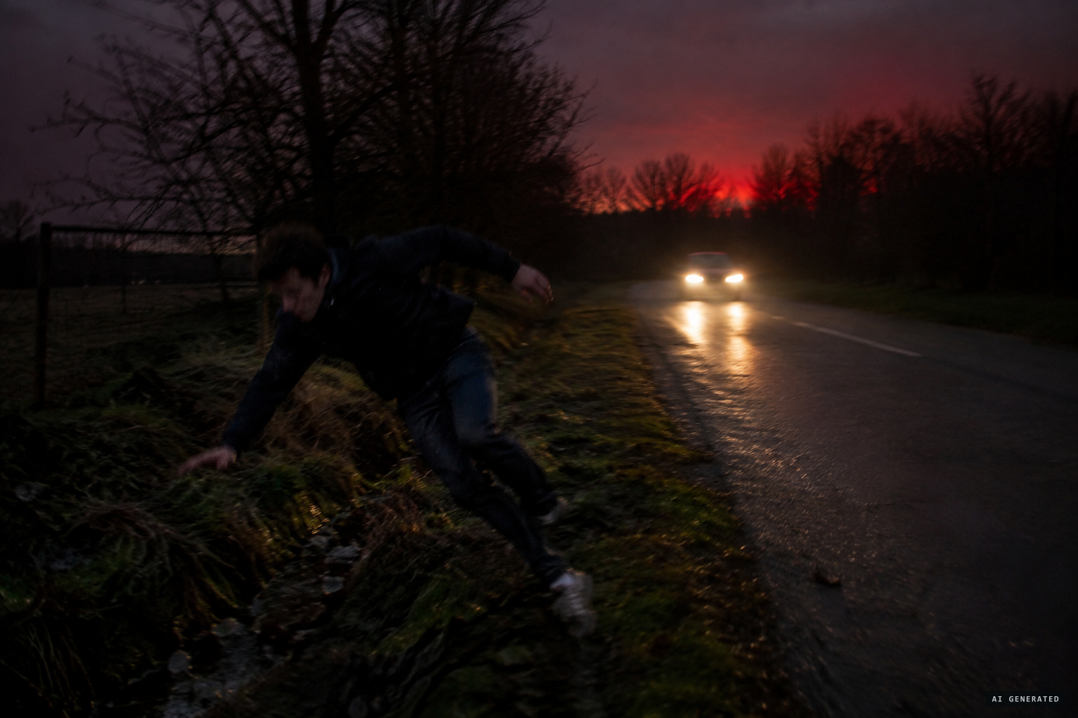 Muscarello runs, falls into a ditch and flags down a car