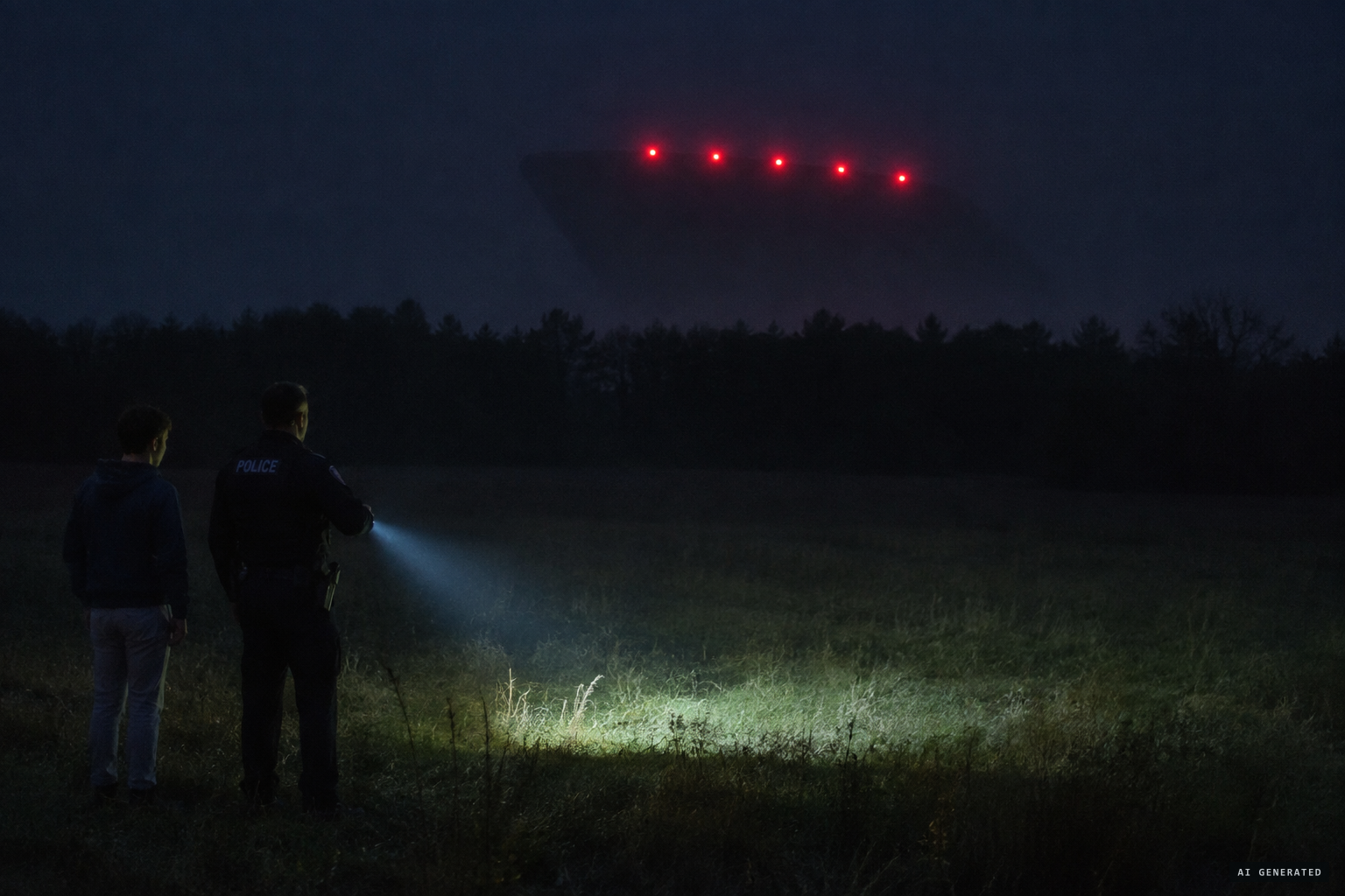 A huge dark object with five red lights rises over the trees