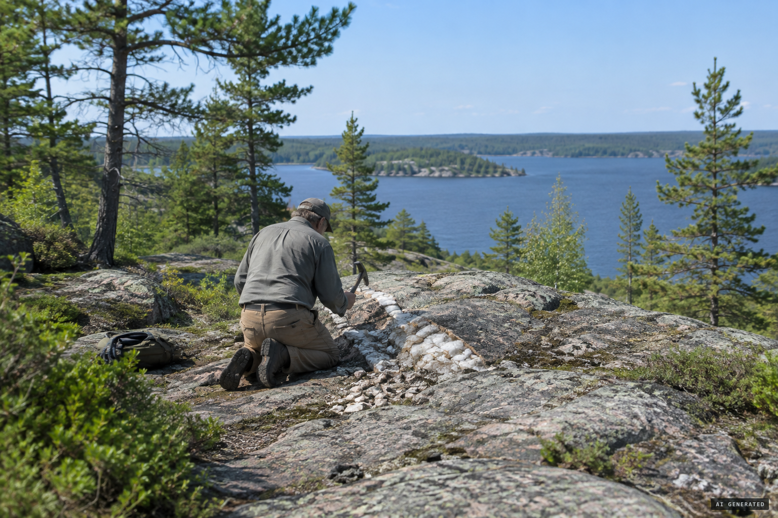 Stefan Michalak prospecting alone on the rocks north of Falcon Lake, May 1967