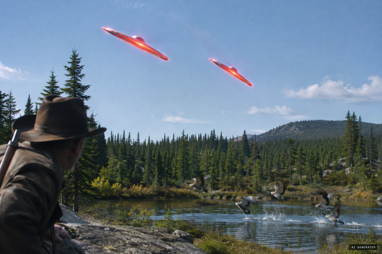 Two objects descend, glowing with an intense scarlet glare