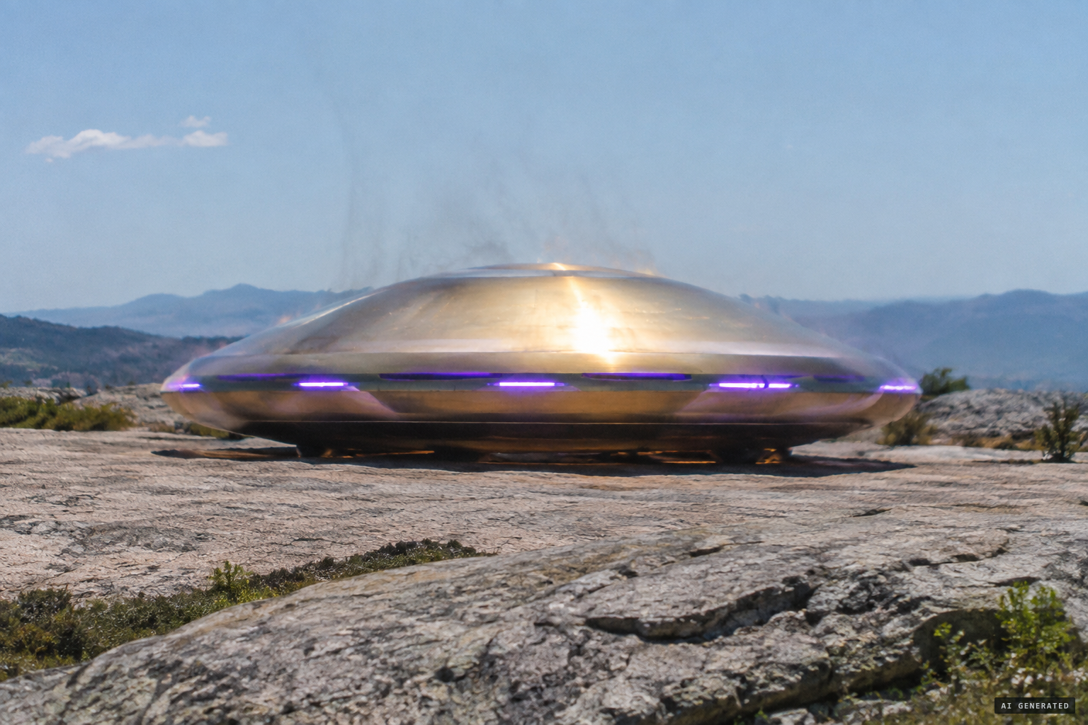 The landed disc, shining like hot stainless steel, with purple light from its apertures