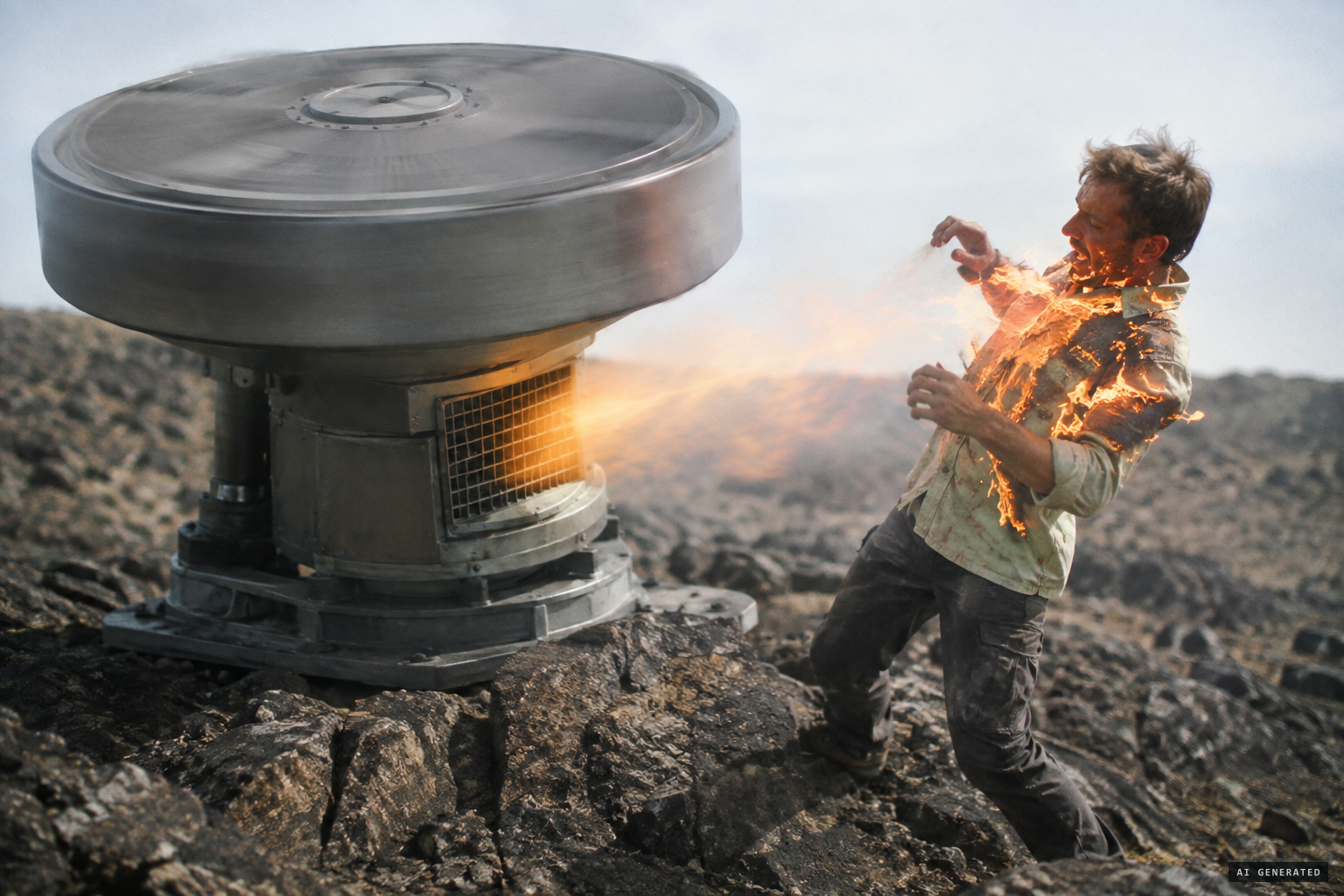 A blast from the grid vent sets his shirt on fire