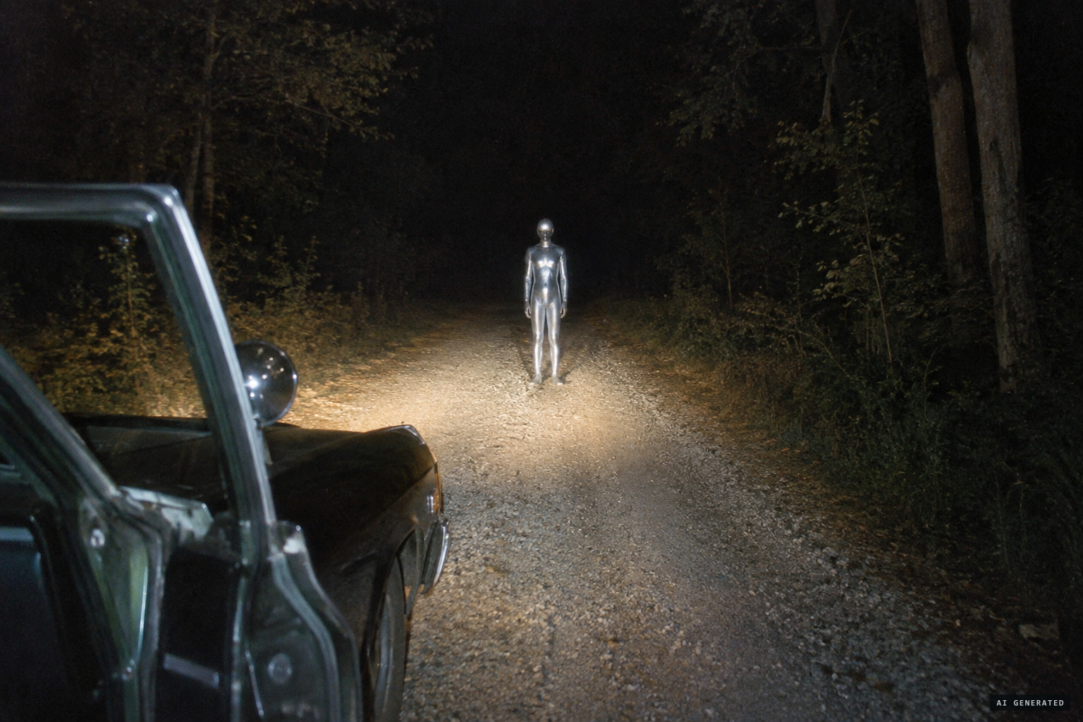 A silent figure stands in the middle of the gravel road