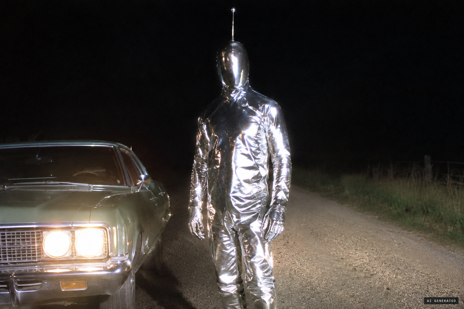 The seamless suit, bright as mercury on nickel, with a skinny antenna