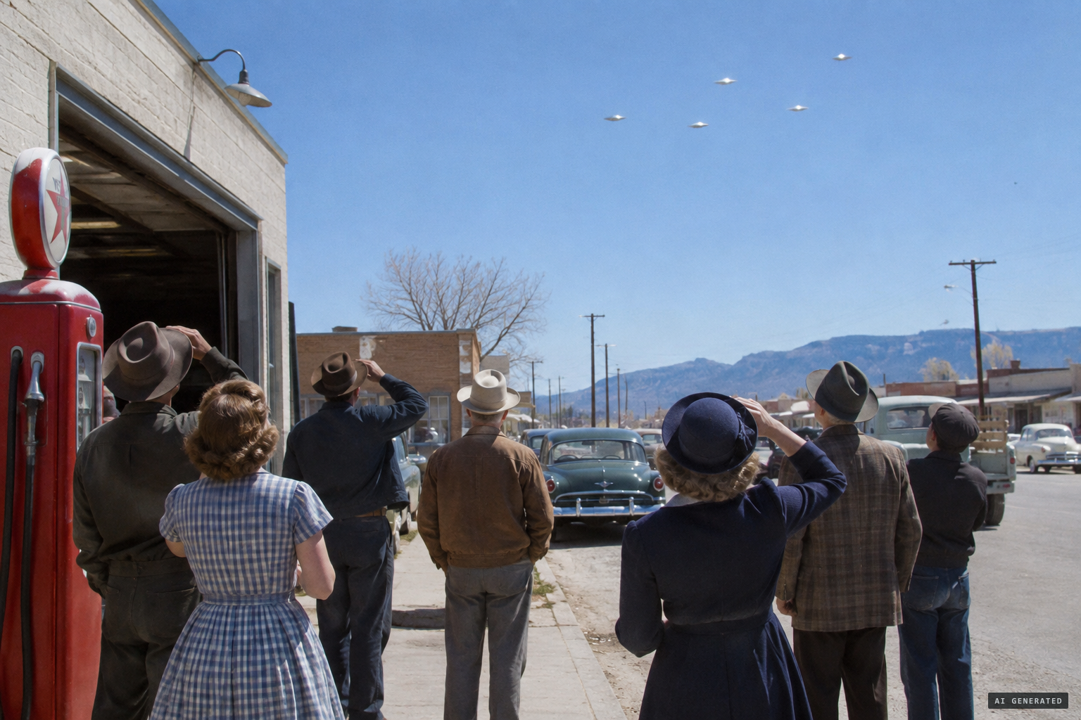 Around midday on St. Patrick's Day, people on Main Street look up at silvery discs