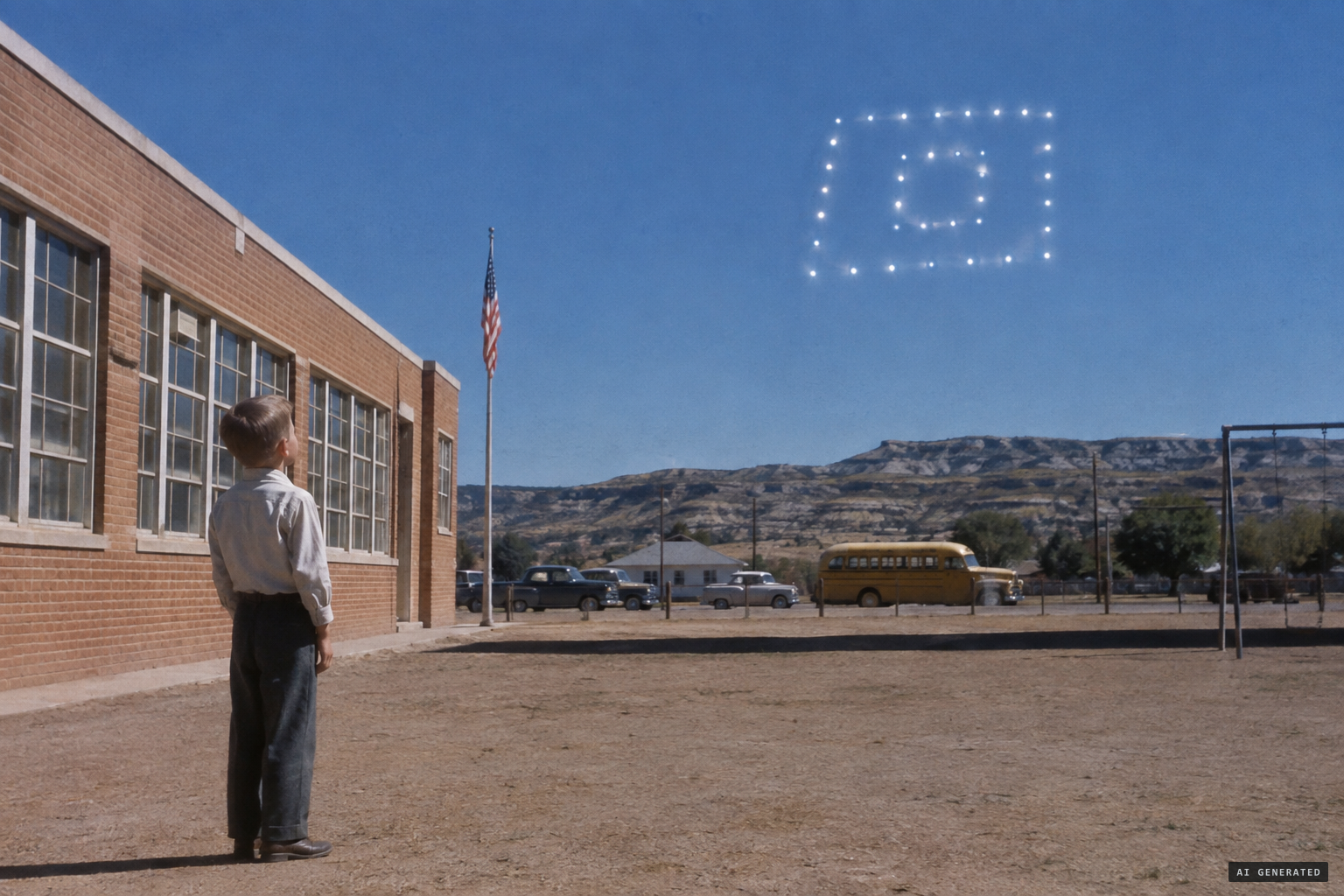 In Aztec, eight-year-old Virgil Riggs watches square formations of dots in the sky