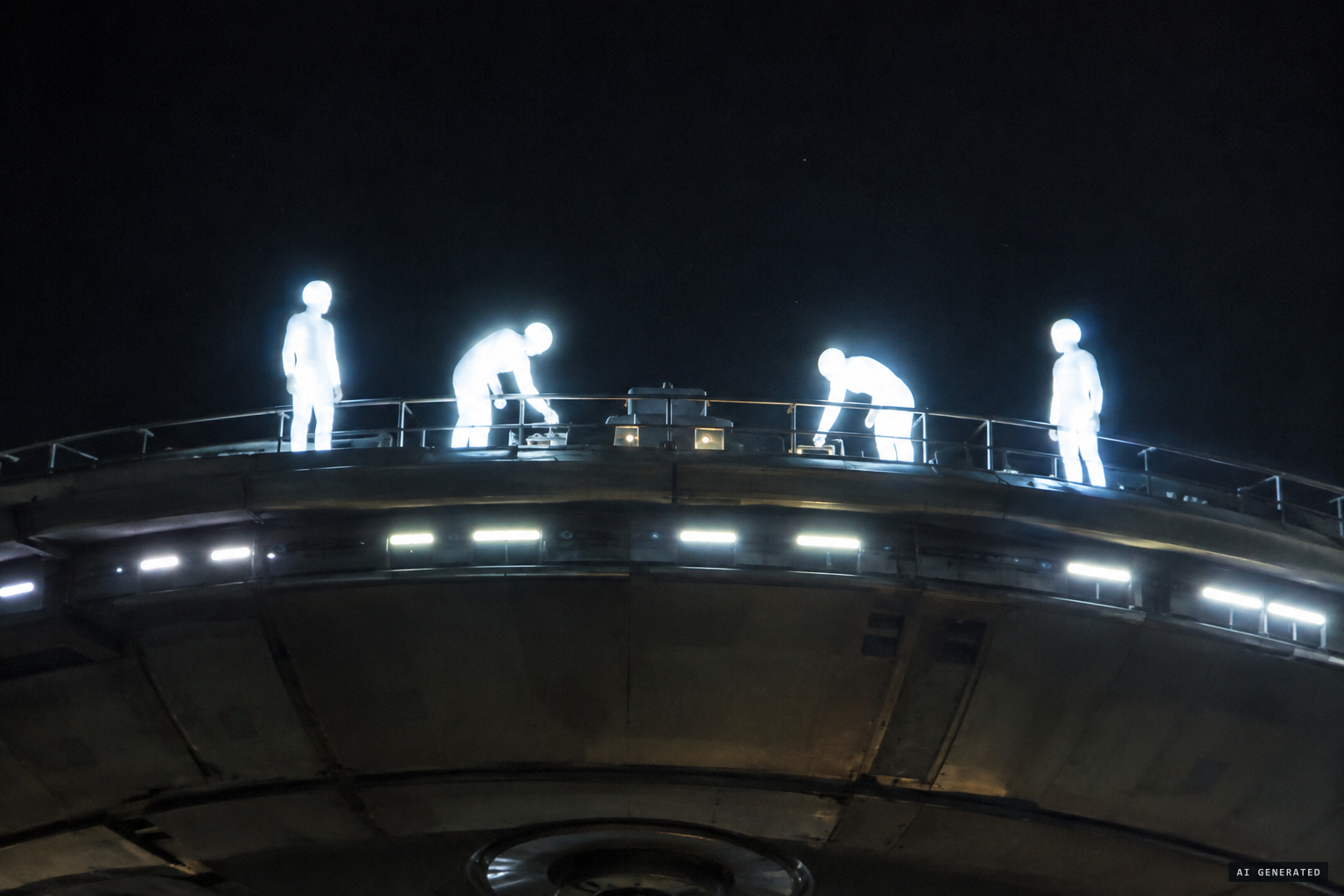 Four glowing "men" on the deck, two bending over and raising their arms