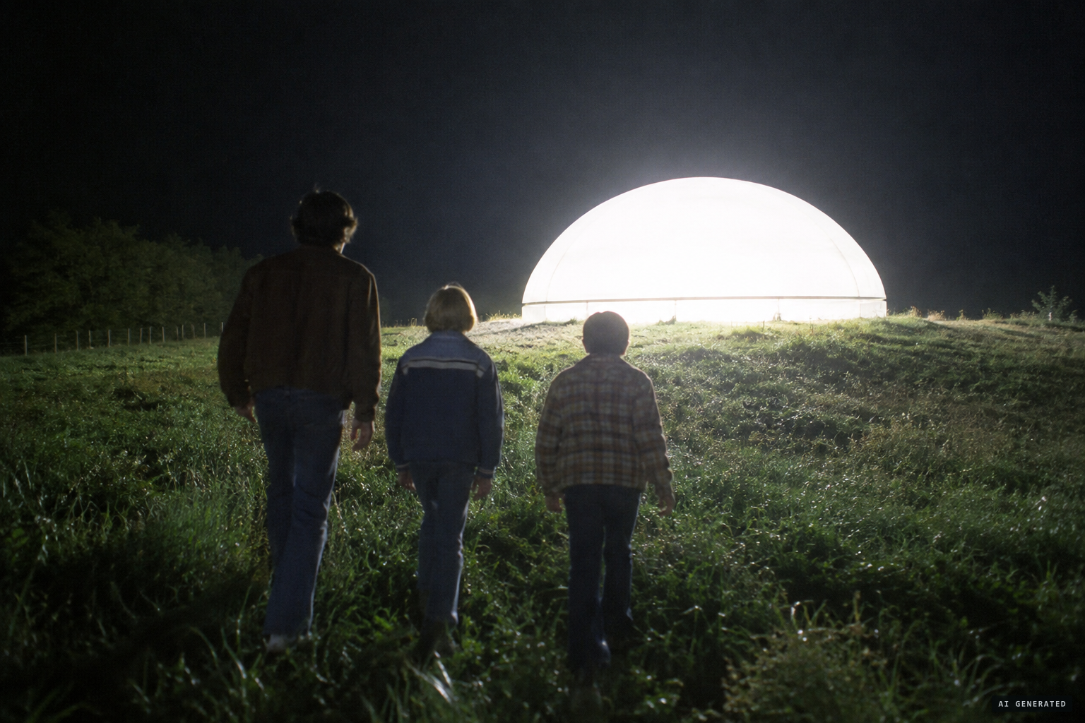 A glowing white dome the size of a barn sits in the field