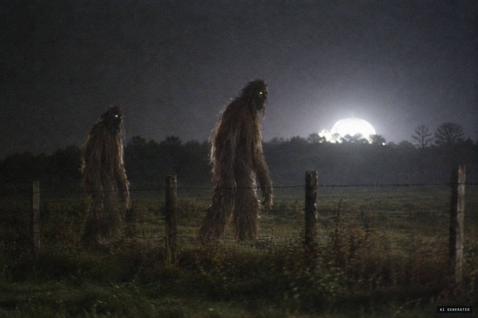 Two tall hairy figures walk along the fence beside the dome