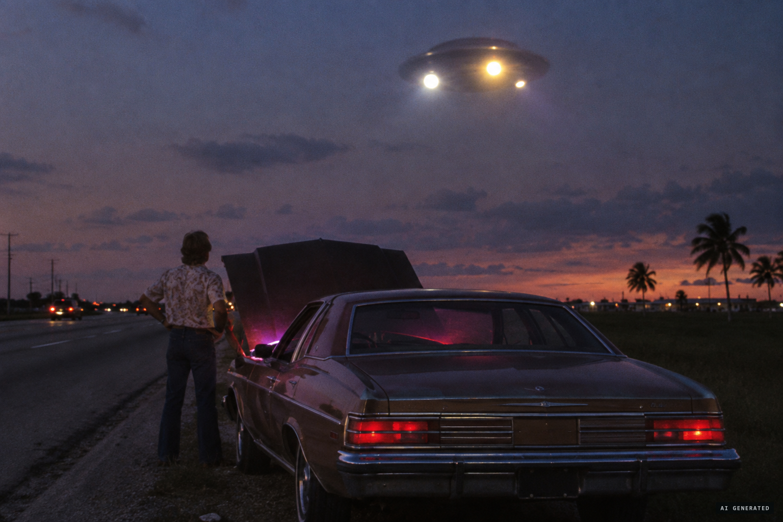 The engine dies as a large luminous object descends over the car on Okeechobee Road