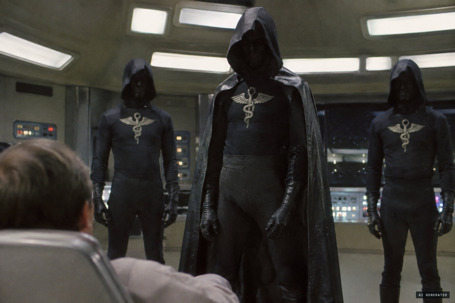 The beings in dark suits with a winged serpent emblem, led by a caped figure