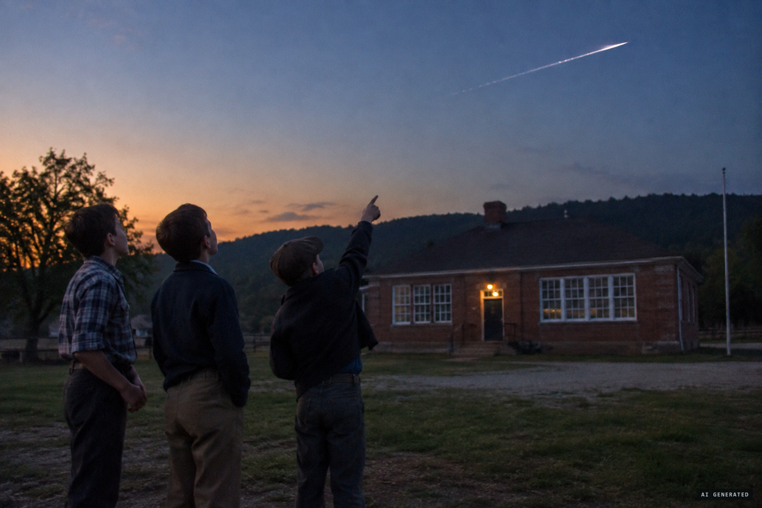 The boys on the Flatwoods school grounds watch a bright object cross the sky