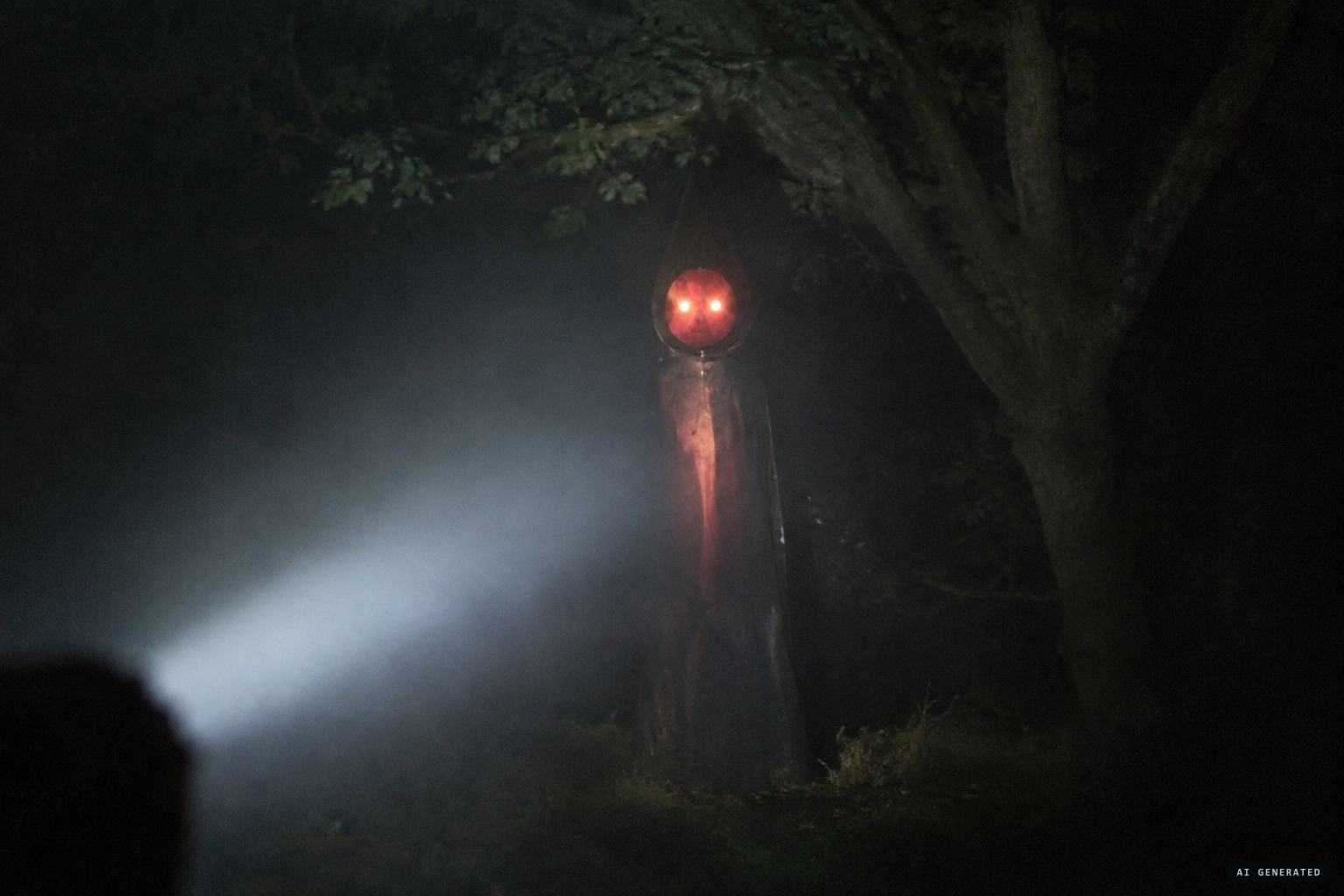 In the flashlight beam, the thing lights up: a blood-red face under a spade-shaped hood