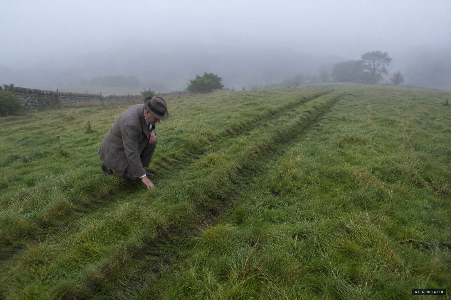 Newspaperman Stewart finds two skid-like tracks the next morning