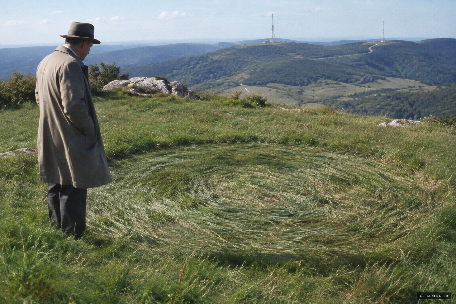 Sanderson finds a flattened circle of grass, and beacons visible from the hilltop