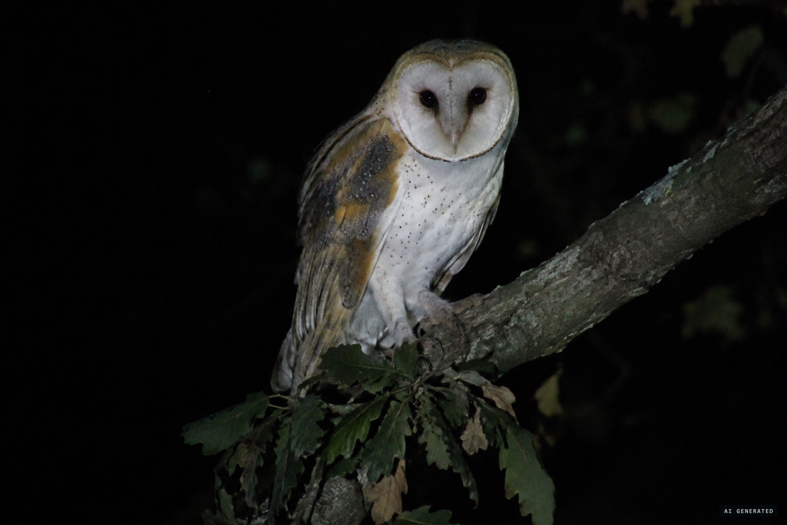 The sceptical view: a startled barn owl on a tree limb