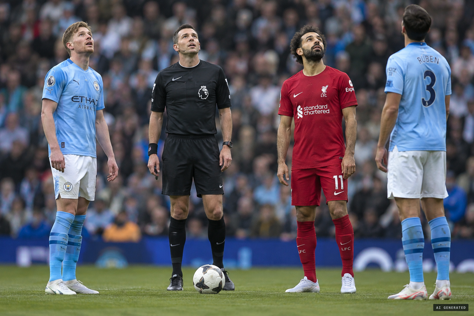 Players and referee freeze, staring at the sky