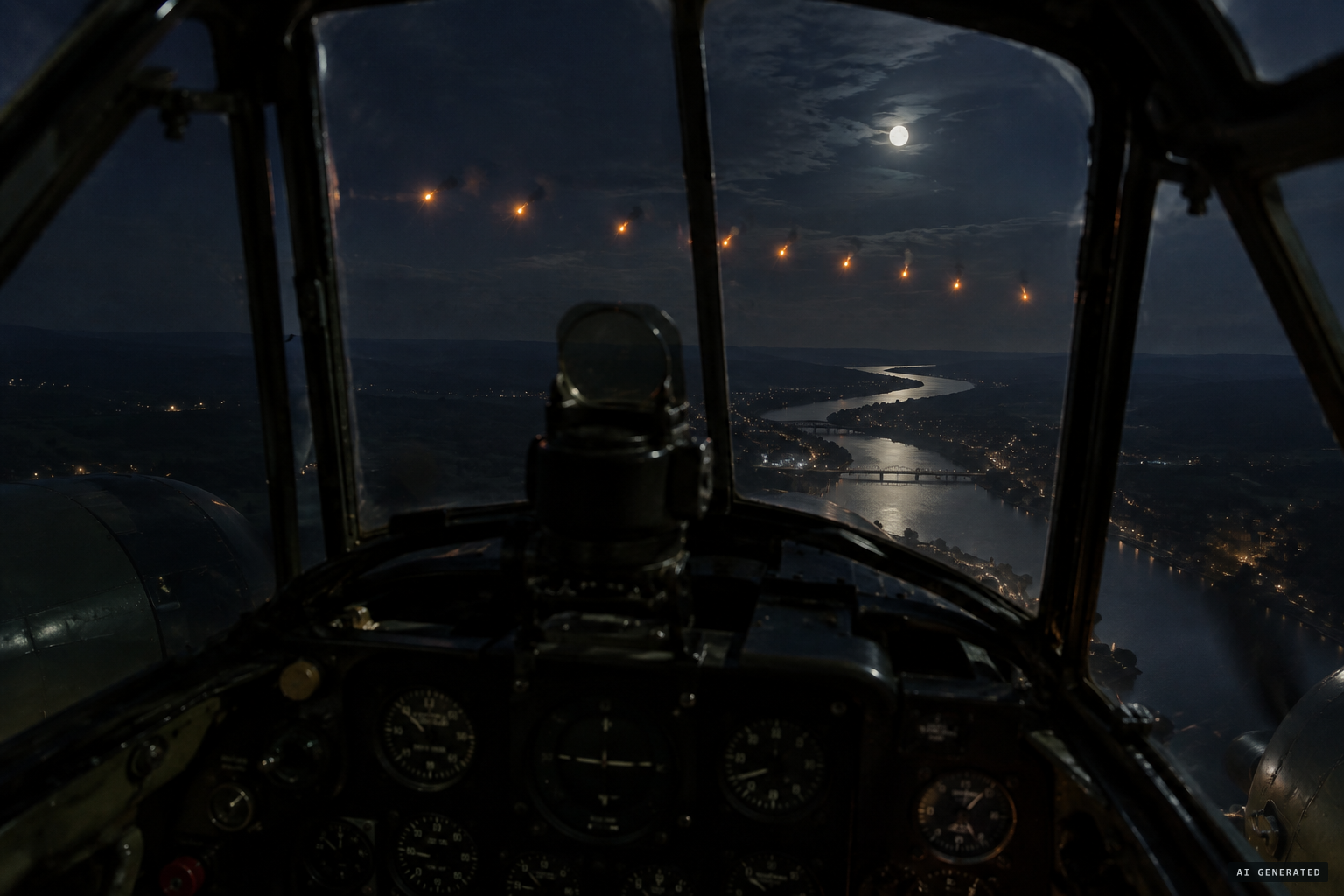 Eight or ten orange balls of fire in a row over the Rhine valley