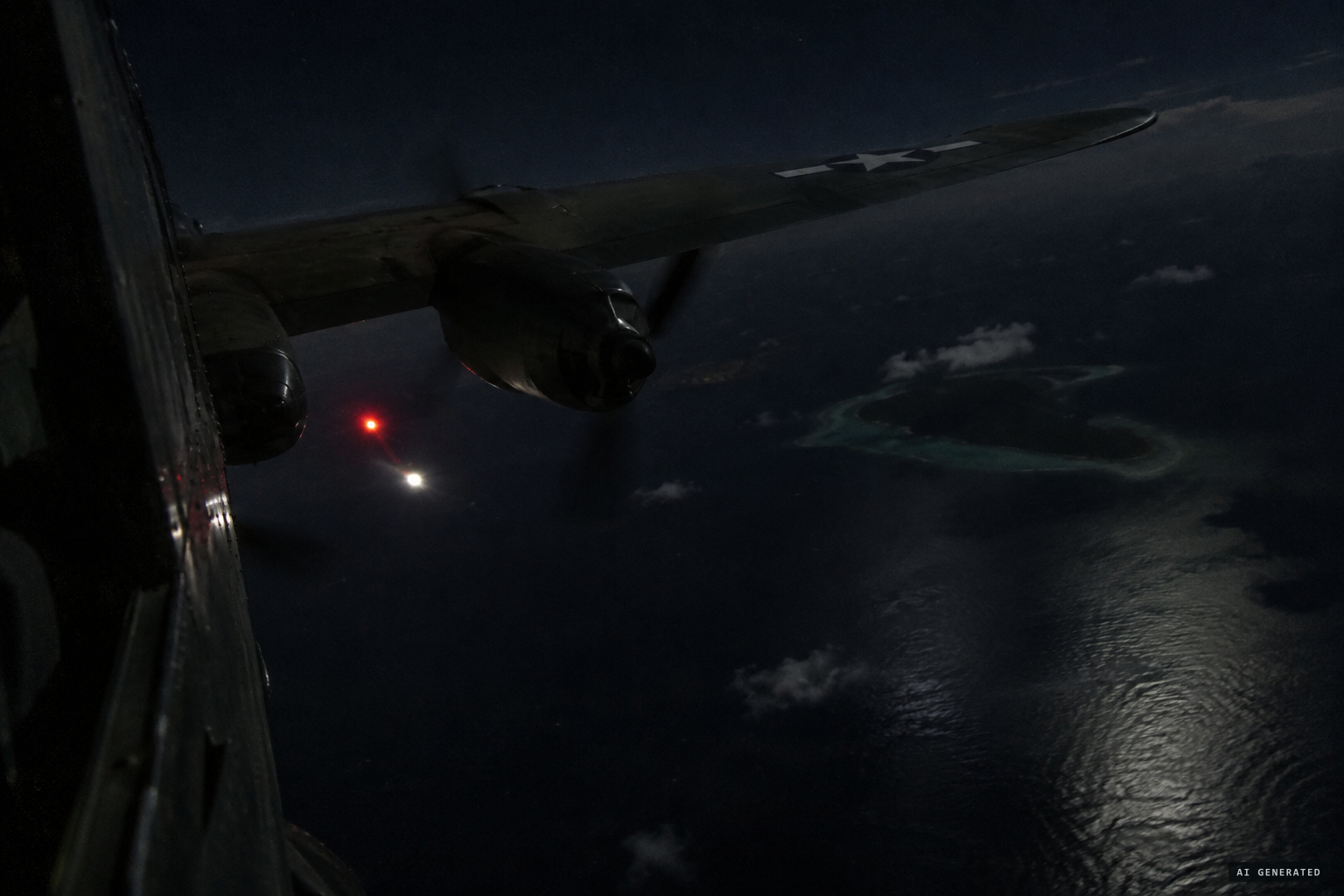 Lights follow the B-24 through all types of evasive action near Truk