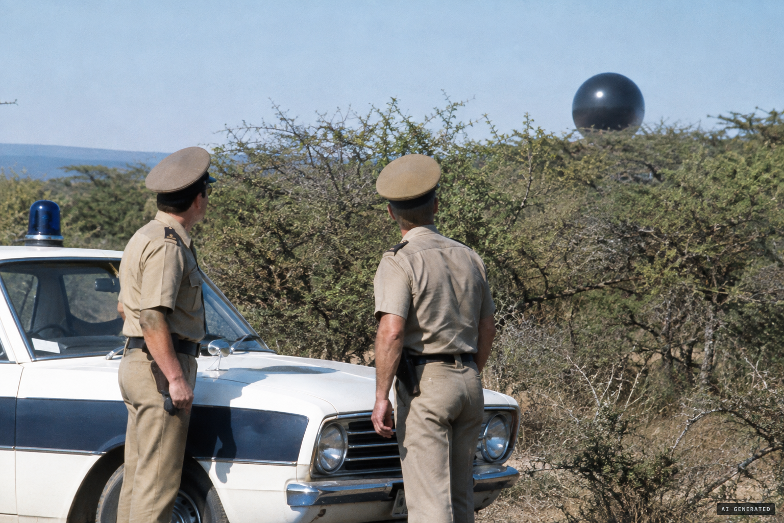 Police officers see a round, glossy black object emerge behind the trees