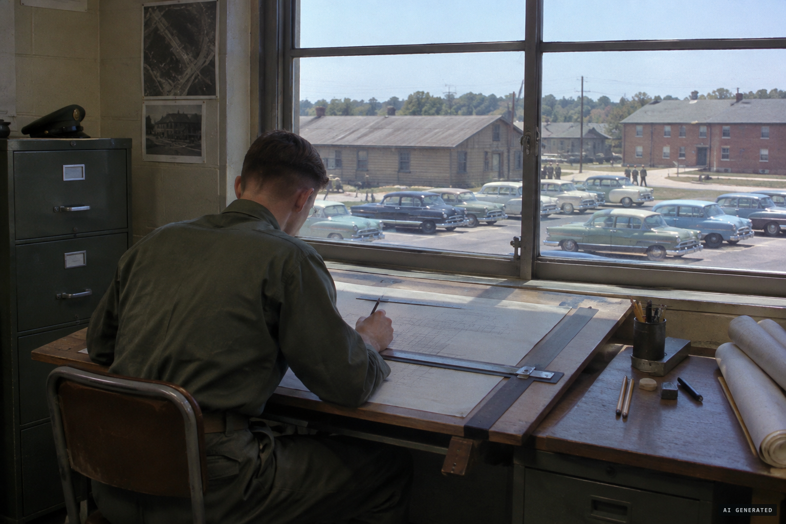 Pvt. X, an Army draftsman with the Post Engineers at Fort Belvoir, 1957