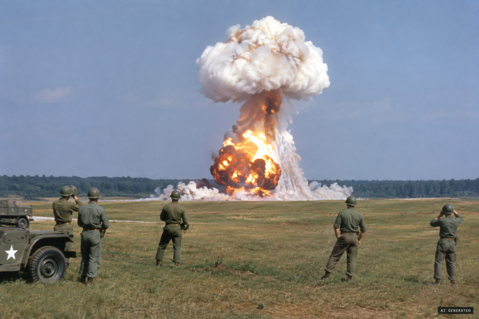 An atomic bomb simulation: five drums detonated in a circle
