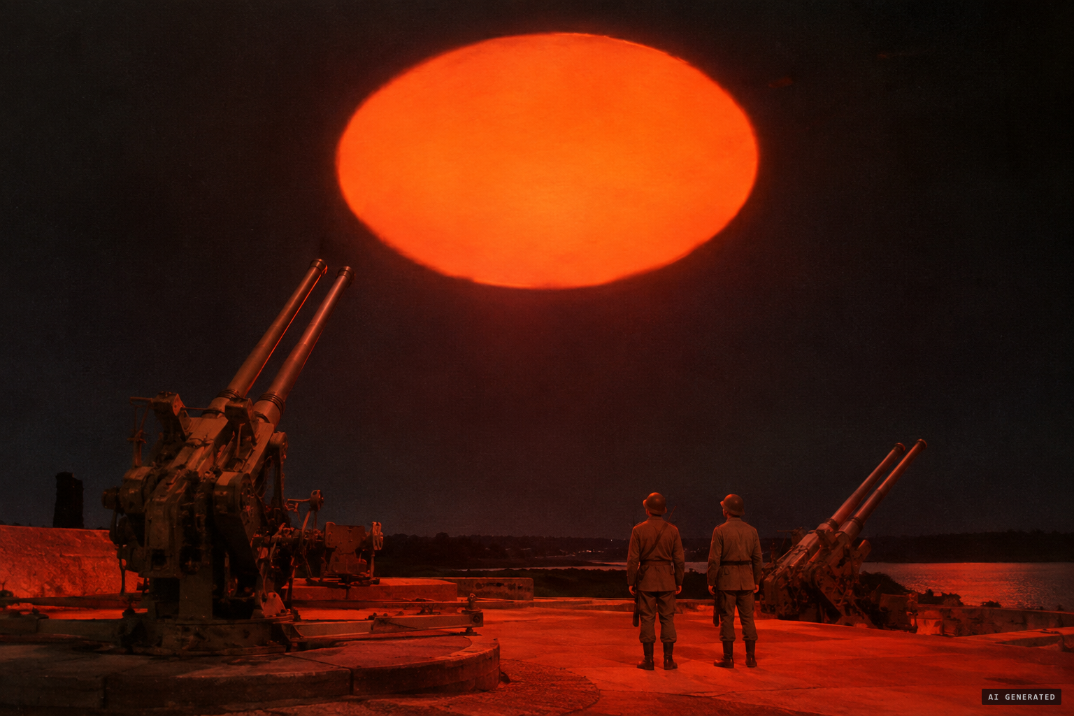 The enormous round disc hovers over the sentries, bathing the guns in red light