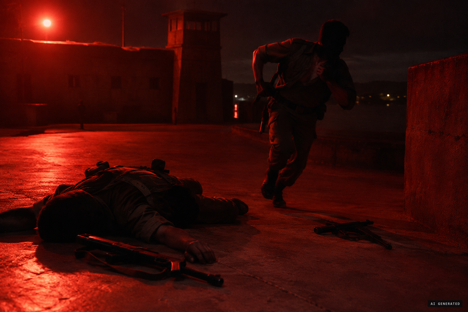 A wave of heat: one sentry collapses, the other runs screaming for cover