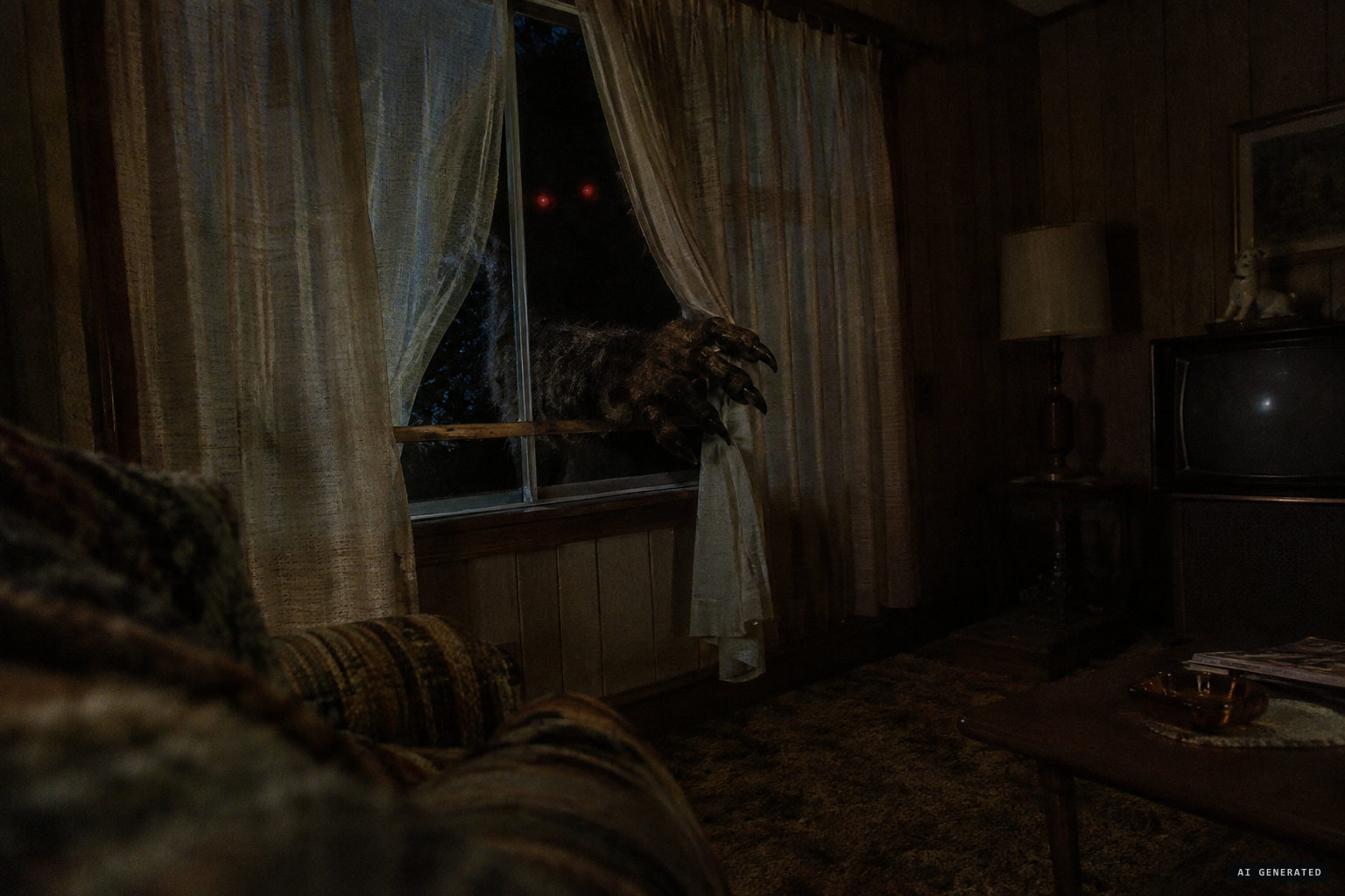 A hairy, clawed hand reaches through the front window as Elizabeth Ford wakes
