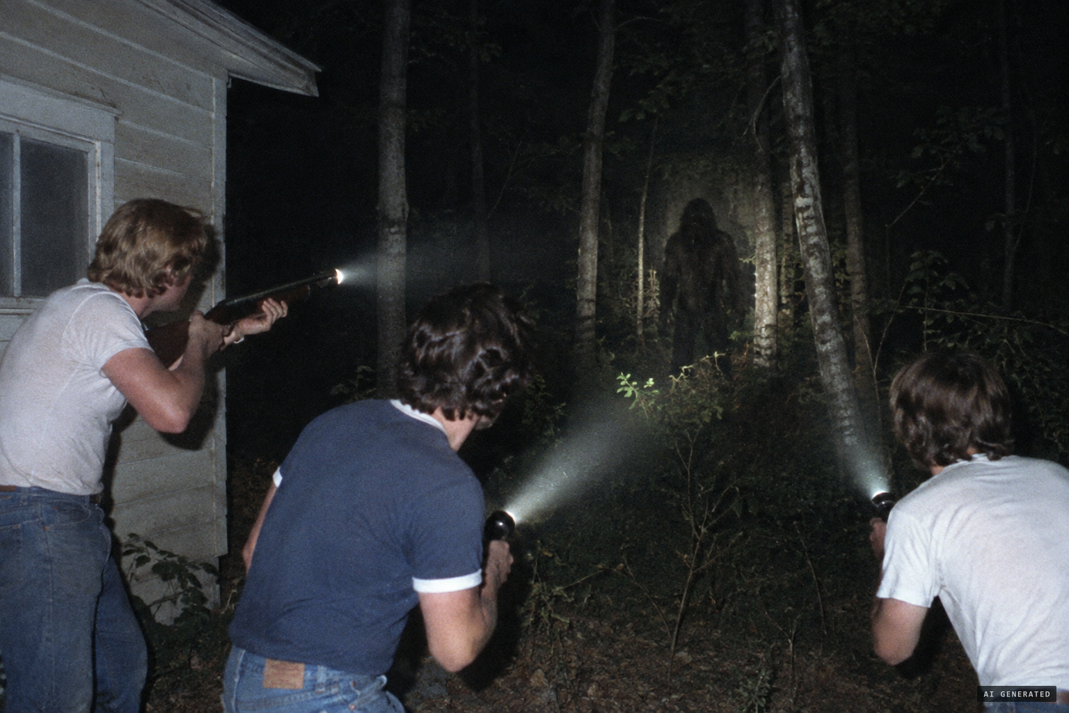 The men spot the creature behind the house by flashlight and open fire