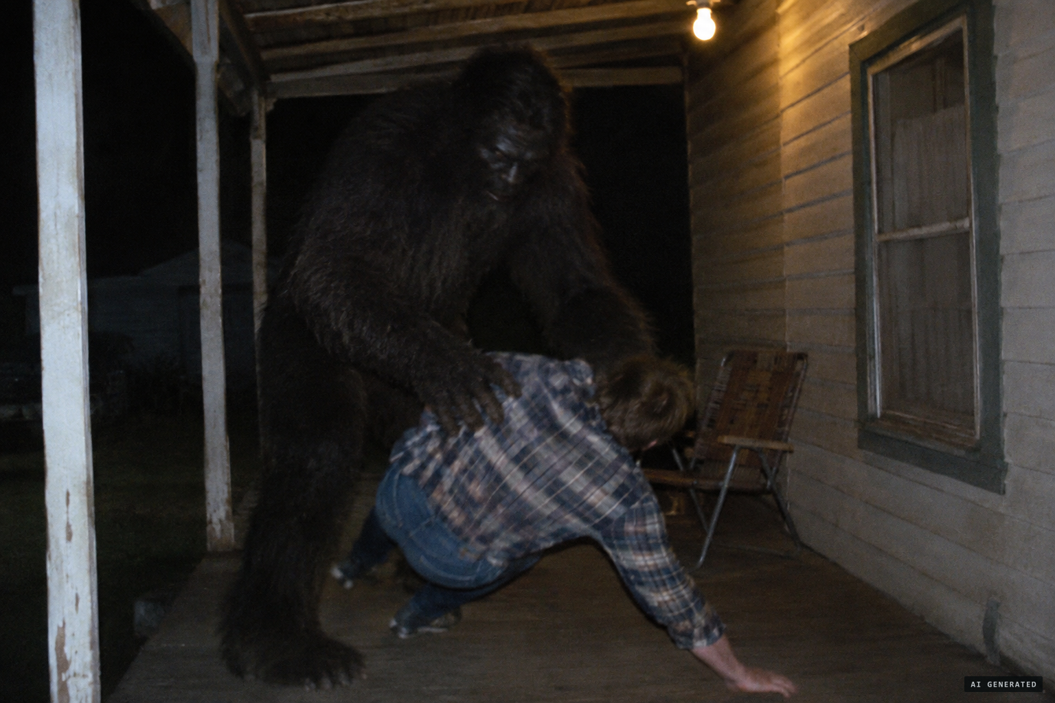 The creature seizes Bobby Ford on the porch and throws him to the ground