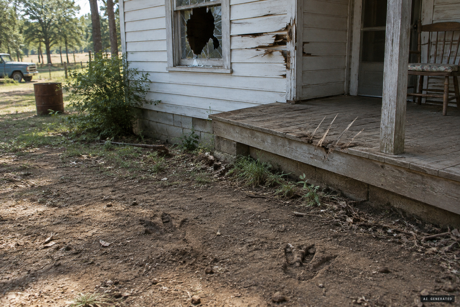 Three-toed footprints and scratch marks at the Ford house