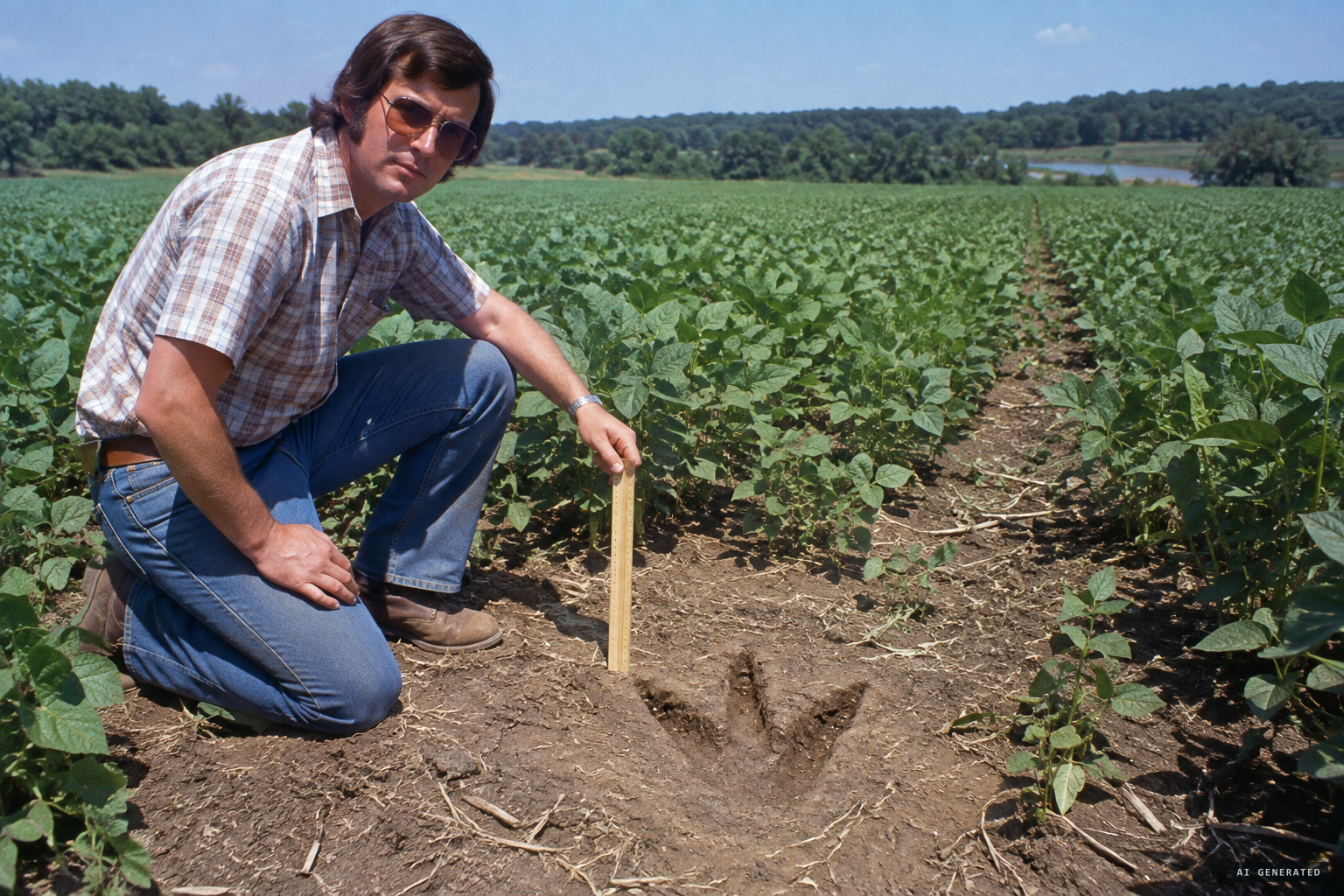 Three-toed tracks 13.5 inches long in a soybean field near Boggy Creek