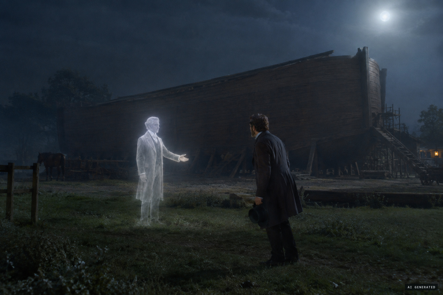 A pale spirit in a frock coat invites him aboard: "Then come."