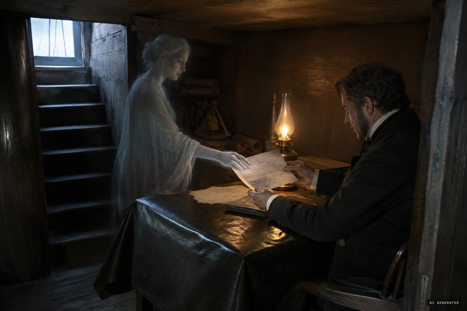 In the pilot house the spirit hands him papers of figures and formulae