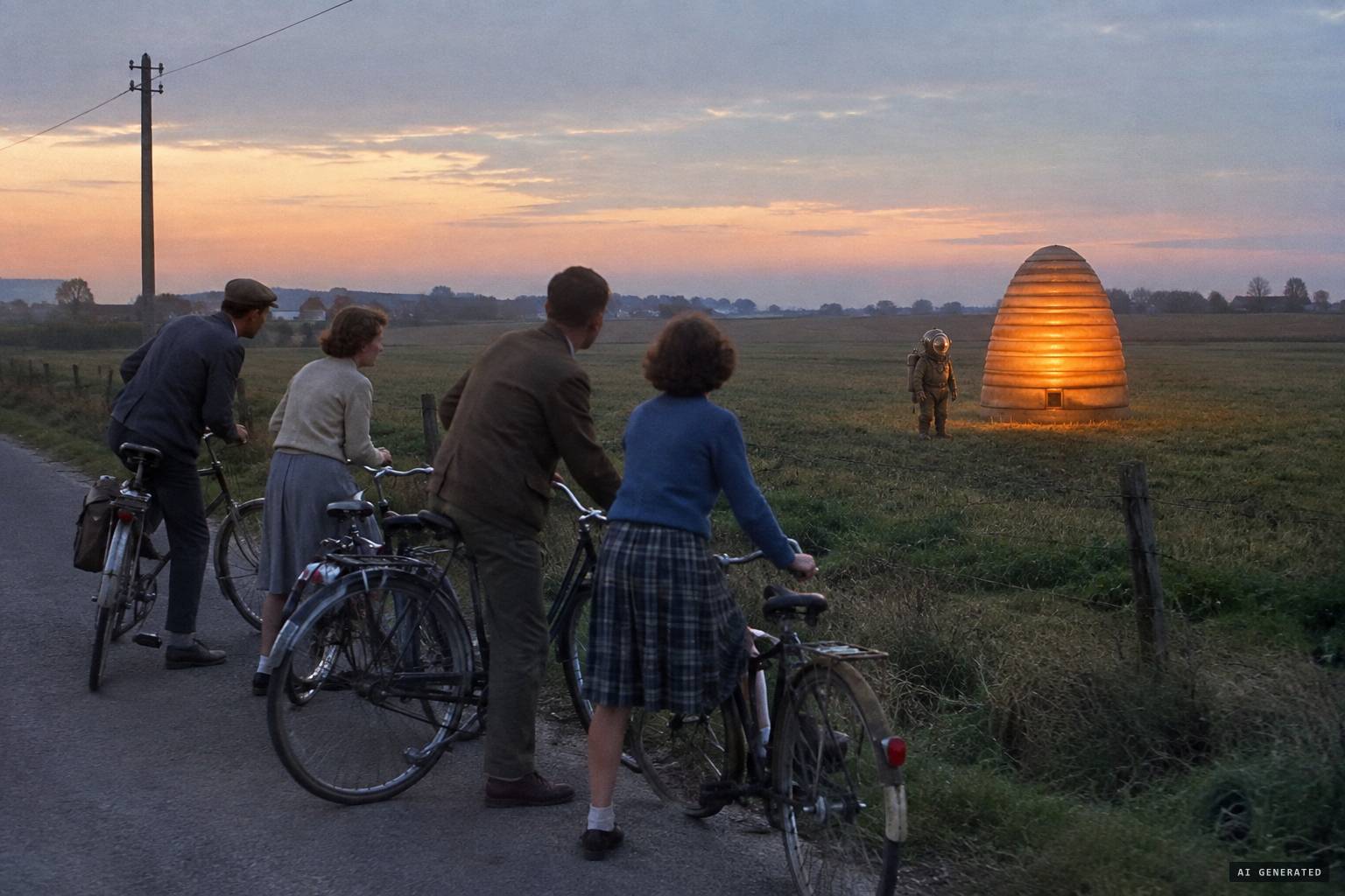 Cyclists see a glowing orange 'beehive' and a small man in a diving suit