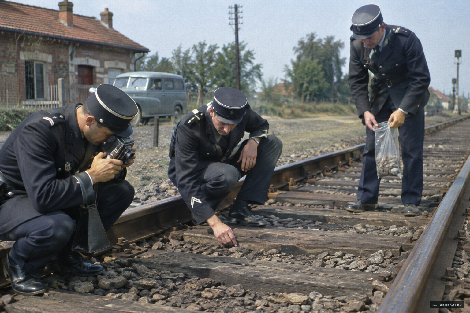 Air Police photograph marks on the sleepers and collect ballast