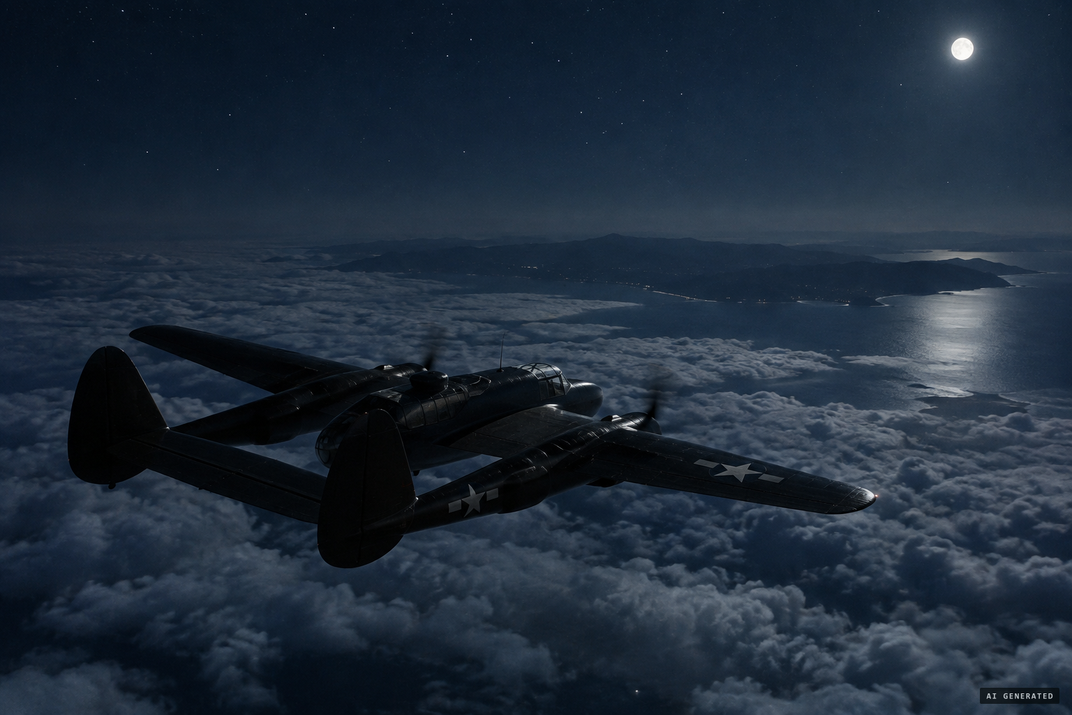 An F-61 Black Widow of the 68th Fighter Squadron on night patrol off Kyushu
