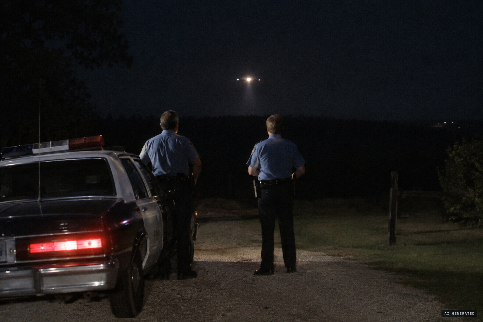 The craft comes straight at the officers over the treeline
