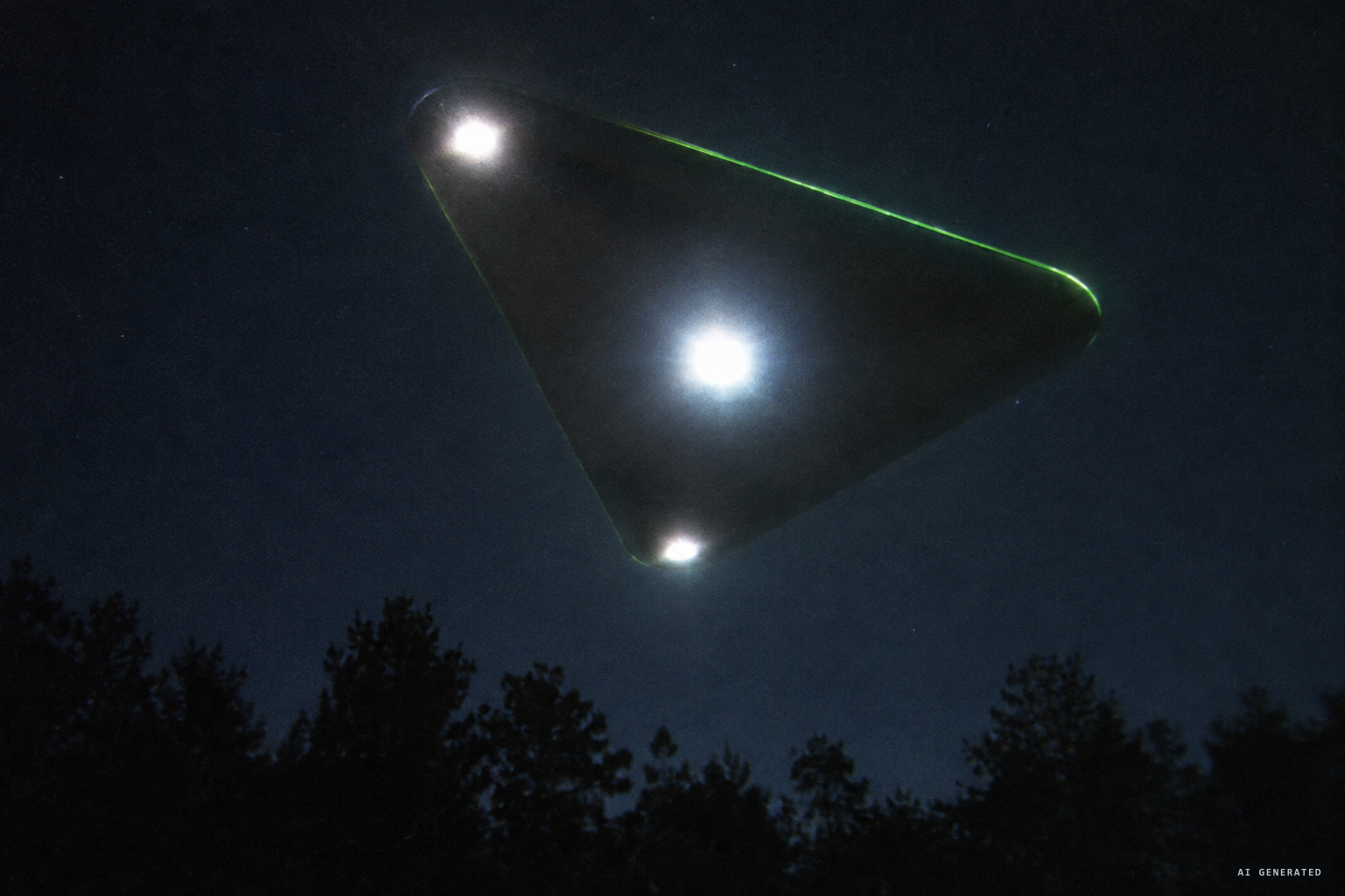 A thick, charcoal triangle, bigger than a jumbo jet, its curvature outlined in green