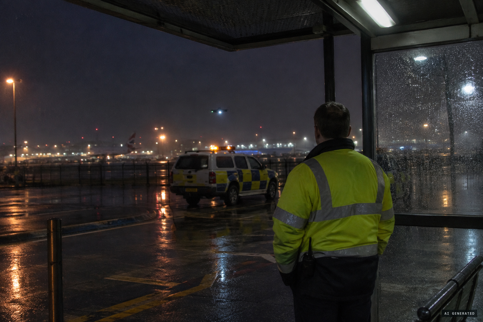 The off-duty officer sees a light hovering above a vehicle inside the airport