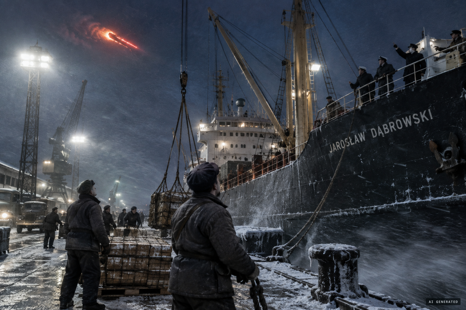 Before dawn at Basin IV, sailors spot a large, burning red object flying towards the basin