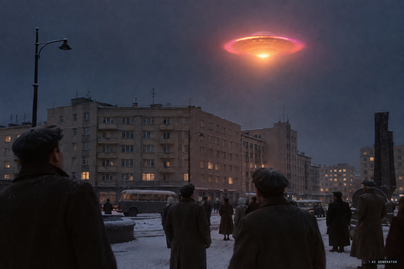 Witnesses see an orange saucer with pink edges hanging over the city near Plac Kaszubski