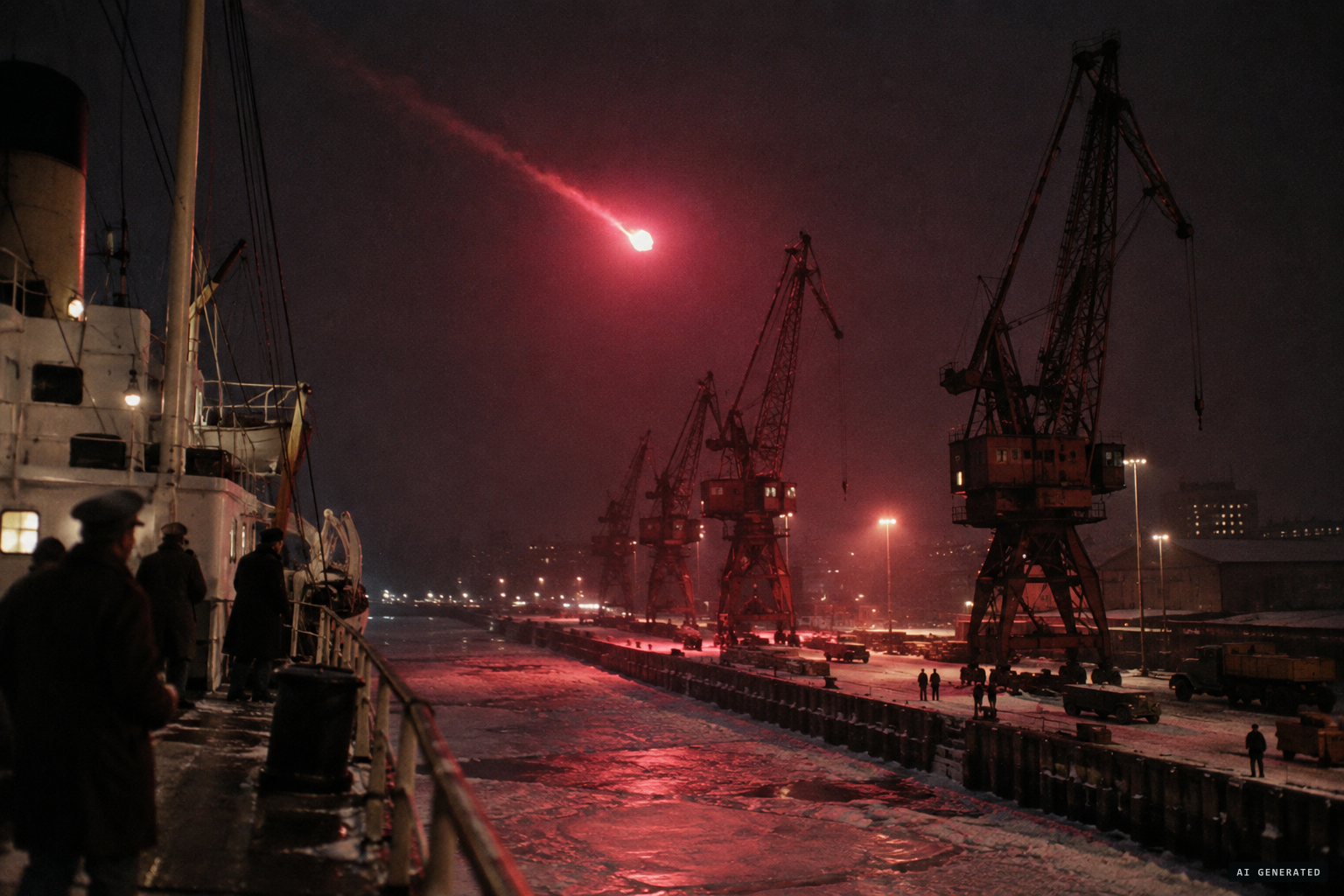Red-hot and trailing a streak, the object hangs over the port
