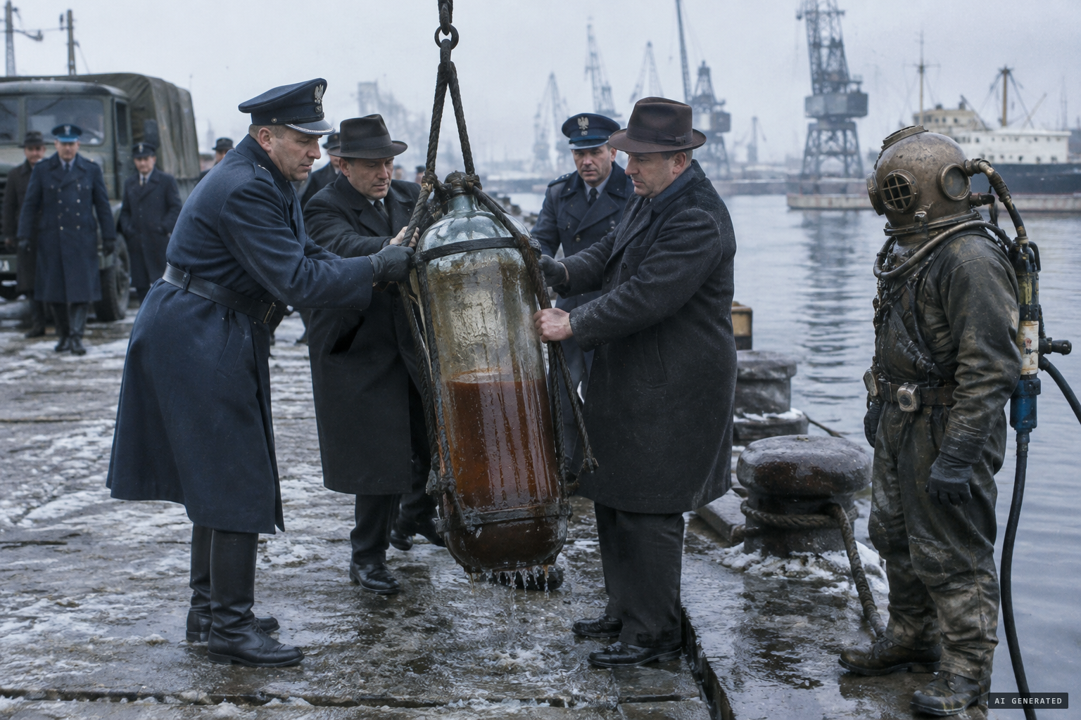 Officers lift a cylindrical container from the basin floor and take it away