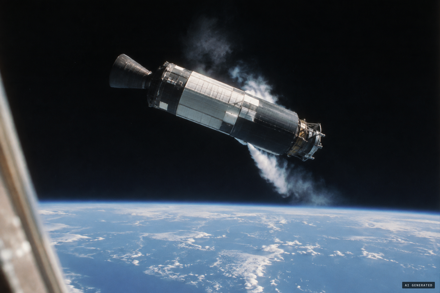 The spent Titan II stage tumbles as it vents its remaining fuel.