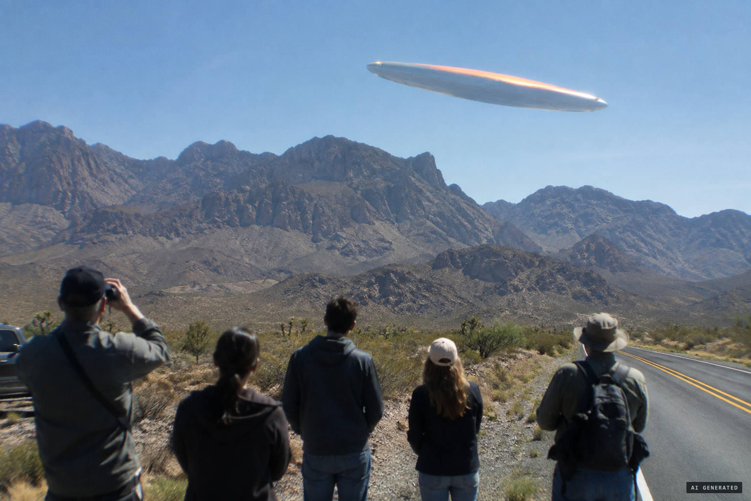 A gigantic cigar-shaped silvery ship appears over the mountain ridge