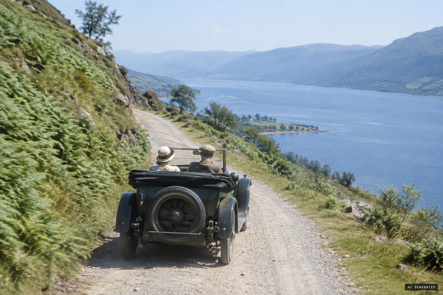 The Spicers drive their open Austin from Dores towards Foyers on a hot July afternoon