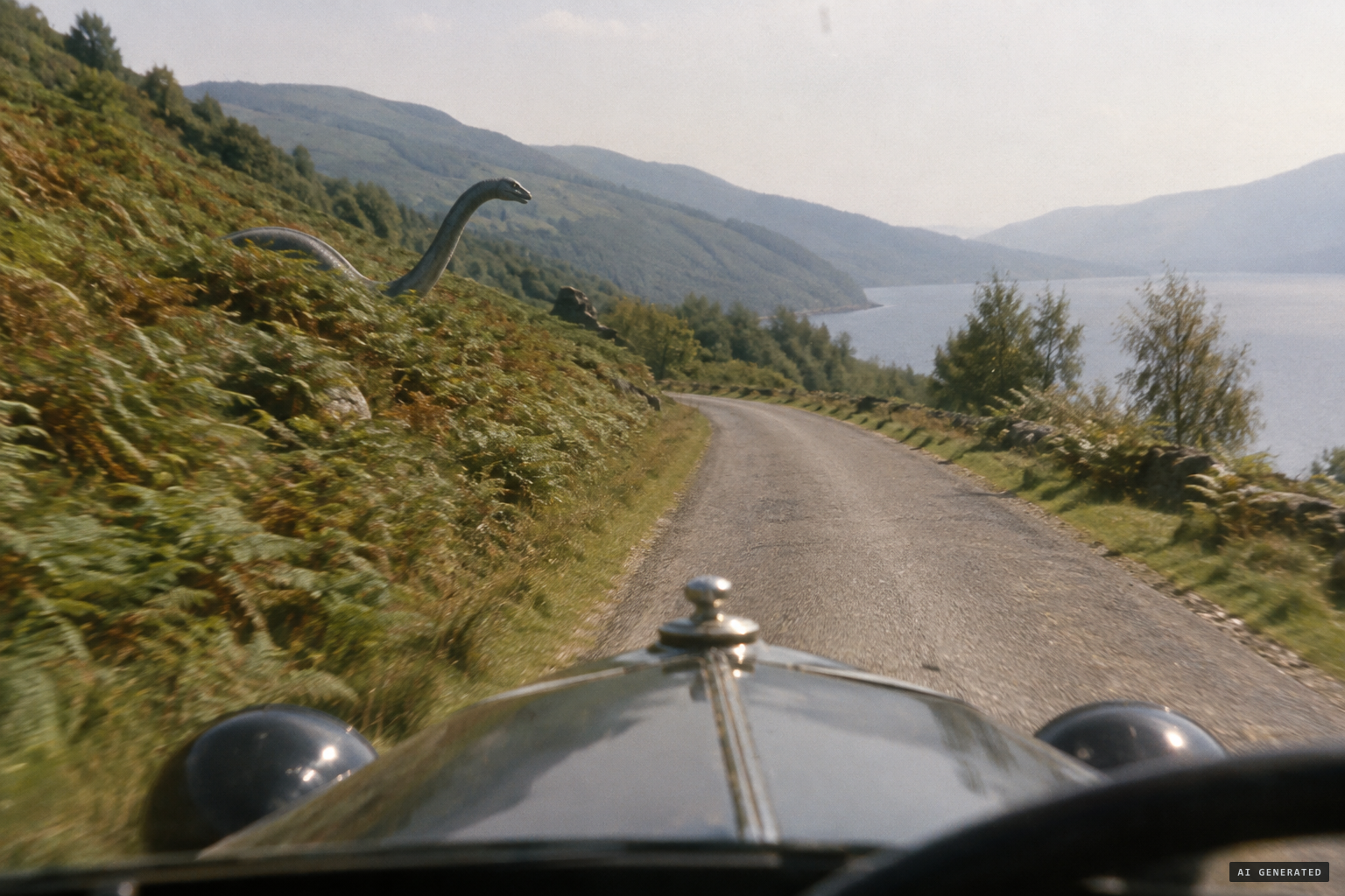 A long, thin neck comes down the bracken hillside, moving like a scenic railway